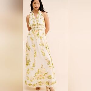 Farm Rio Anthropologie XS V-Neck Floral Chiffon Maxi Dress
